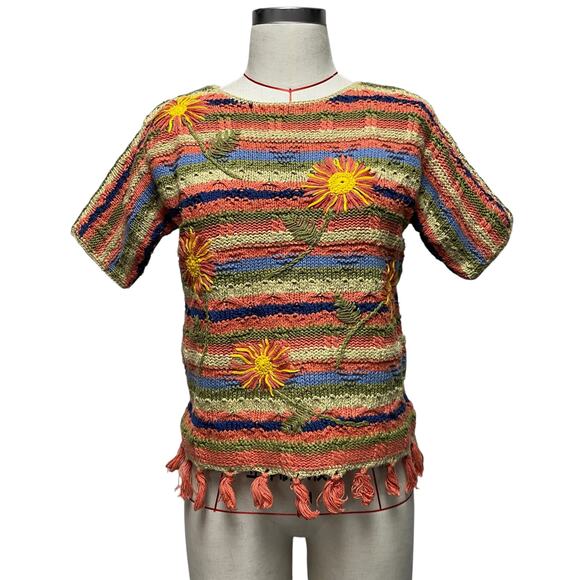 Vintage Other - Vintage Womens Knit Floral Embroidered Short Sleeve Sweater Top